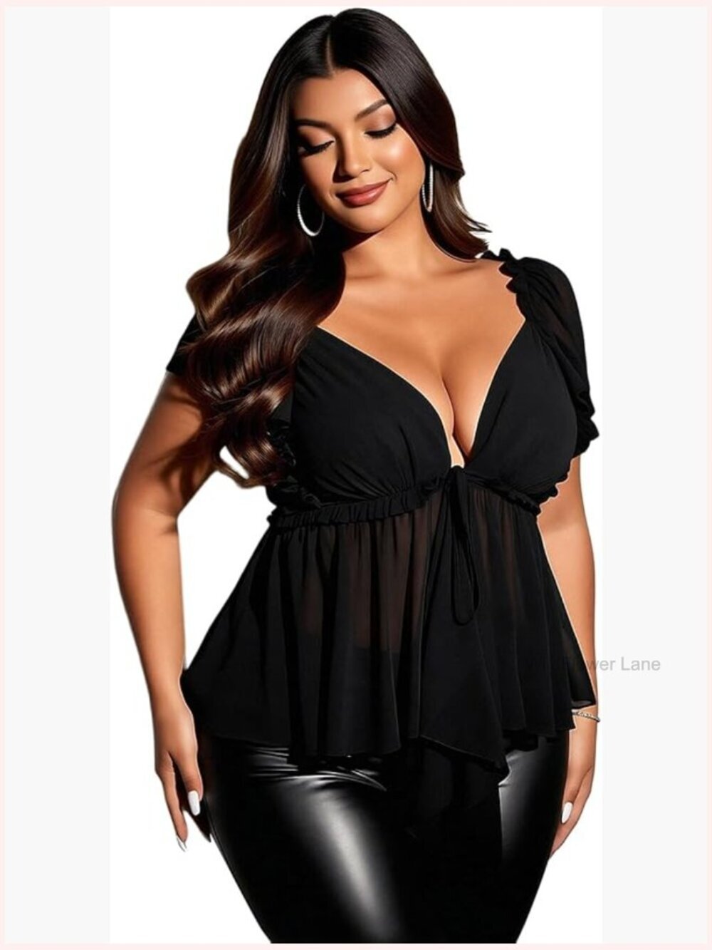 Plus Size Mesh Sheer Peplum Babydoll Tops Ruffle Sleeve Deep V Neck Blouses